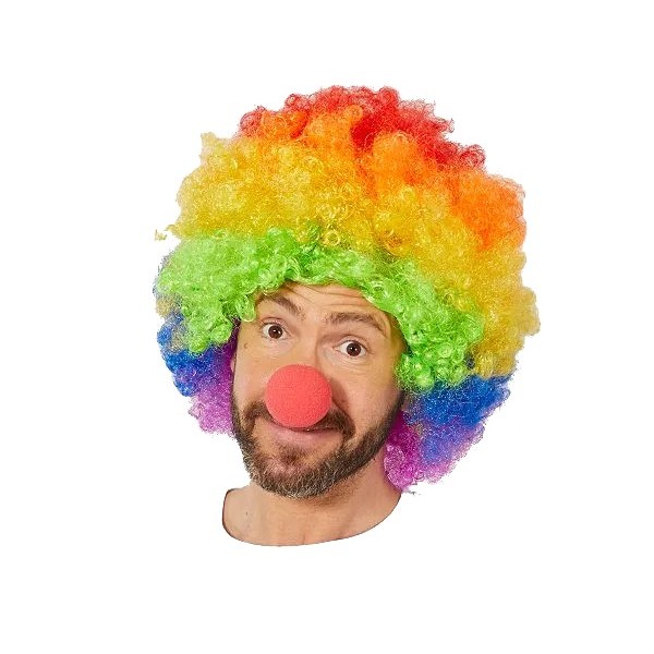Rengarenk Gökkuşağı Afro Bonus Peruk ve Kırmızı Renk Sünger Burun 120 gr